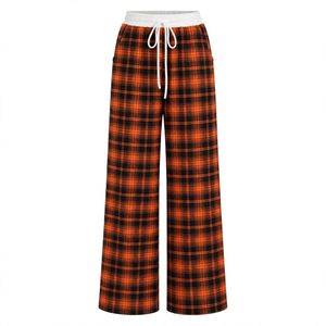 Pantalon de détente à jambes larges pour femmes, à carreaux orange et noir, avec ceinture élastique blanche, cordon de serrage sur le côté, poches latérales, bas de pyjama décontracté - Product Image 3