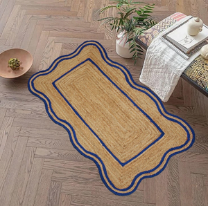 Alfombra de yute azul trenzada a mano con diseño festoneado, estilo bohemio para dormitorio, sala de estar, hotel, oficina, alfombra comercial. - Product Image 1