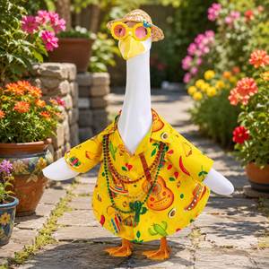 Costume de fête Fiesta Porch : Chemise jaune, chapeau de paille, lunettes de soleil, colliers de perles, décoration de statue d'oie de jardin, tenue de fête - Product Image 1