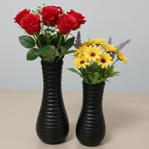 Set Of Two Matte Black Flower <b>Vase</b> Featuring A <b>Ribbed</b> Horizontal Band Design & Slender Neck For Stylish Modern Home Decoration - Product Image 2