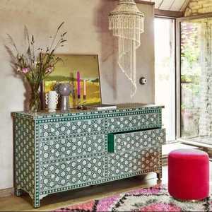 Aparador Artesanal con Incrustaciones de Hueso Verde |   Cómoda de Madera con Patrón Floral Geométrico para Decoración y Almacenamiento del Hogar - Product Image 5