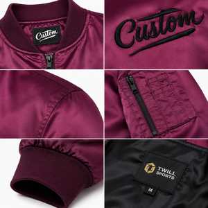Custom <b>Men's</b> Burgundy Satin Stand Bomber Jacket Embroidered Front Logo <b>Pullover</b> Closure Casual Windproof Winter Streetwear - Product Image 5