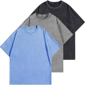 2025, paquete de 3 camisetas lavadas con ácido de gran tamaño para hombre, camisetas de verano básicas Vintage de peso pesado Unisex azul/gris/negro para comodidad Colo - Product Image 6