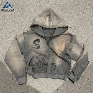 Sudadera con capucha para hombre de 500 g/m² de felpa gruesa con lavado ácido, doble cremallera, pedrería, efecto desgastado y bordado, nuevo estilo - Product Image 1