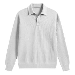 Chemises polo pour hommes en gris chiné texturé, manches longues, épaules tombantes, tricot décontracté Johnny, respirant, polos de qualité supérieure - Product Image 2