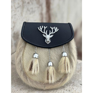 Handmade Black White Fur with <b>Stag</b> <b>Head</b> Antique Leather Kilt Sporran Top Selling Traditional Scottish Pouches and Bags - Product Image 5