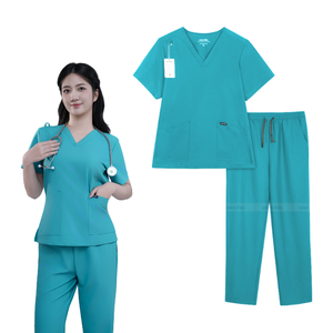 Women's turquoise medical uniform, V-neck, short sleeves, poly rayon fabric, nursing uniform. - Product Image 1
