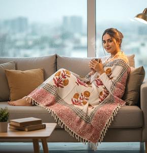100% Cotton Handmade <b>Luxury</b> Eco-Friendly Winter Throw Sofa <b>Blanket</b> Hand Block Print Woven Breathable Light Weight Tassels Super - Product Image 1