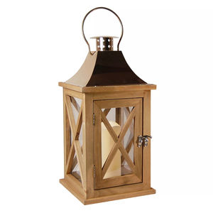 Lanterne décorative vintage en bois naturel de style ferme avec cadre en X, dessus et poignée en métal noir pour la maison et le jardin (vente en gros) - Product Image 3