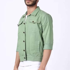 Chemise-veste en toile de coton verte pour homme, col rabattu décontracté, coupe classique, respirante, tissée, couleur unie, fermeture boutonnée, idéale pour le printemps - Product Image 2