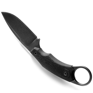 Cuchillos de caza compactos de hoja fija, completamente negros, con mango texturizado, anillo de sujeción trasero y funda negra para cinturón, para actividades al aire libre. - Product Image 1