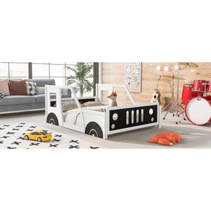 Letto a piattaforma a forma di auto d'epoca bianca con ruote per bambini - Product Image 5