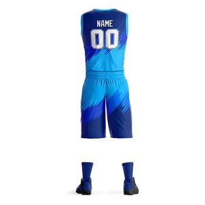 Ensemble d'uniformes de basketball personnalisés imprimés par transfert thermique, respirant, bleu, col en V, sans manches, maillot et short, nom et numéro de l'équipe sur le devant, séchage rapide - Product Image 3
