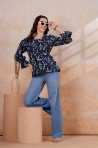 Haut à volants bleu marine imprimé feuilles pour femme, manches longues, style décontracté western - Product Image 3