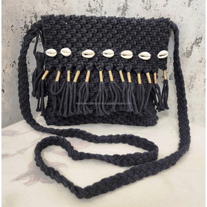 Rustic Handmade Crochet Shoulder Bag with Pink Yarn Accent and <b>Braided</b> Strap Decorative <b>Beads</b> Tassel Fringe Boho Summer Handbag - Product Image 4