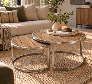 <b>Rustic</b> Old Recycled Elm <b>Wood</b> Industrial Style Round <b>Coffee</b> <b>Table</b> with Metal Frame Nesting Set for Living Room Furniture - Product Image 1