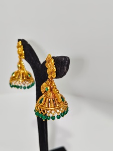 Antique 22k Solid Gold Temple Jhumka Drop <b>Earrings</b> Handcrafted Lakshmi Motif with <b>Green</b> Emeralds and Natural Pearls for Wedding - Product Image 2