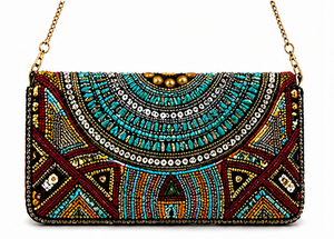 Pochette à perles turquoise avec chaîne |   Sac de soirée artisanal et original |   Sac à main ethnique bohème |   Design ethnique multicolore avec chaîne - Product Image 2