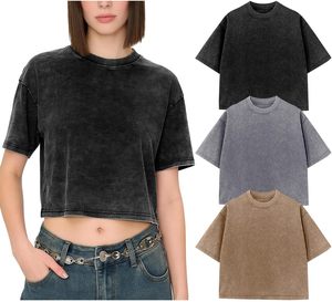 เสื้อยืดแขนสั้นคอกลมทรงครอปสำหรับผู้หญิง สีพื้น ทรงหลวม ผ้าฝ้ายฟอก สไตล์ลำลอง สำหรับฤดูใบไม้ผลิและฤดูร้อน - Product Image 4