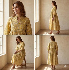 Bohemian Yellow Floral Block Print Cotton Midi <b>Dress</b> With Puff Sleeve <b>Loose</b> Fit V-Neck Summer <b>Dress</b> For Women - Product Image 4