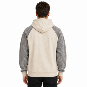 Sweat à capuche pour homme en molleton 100% coton respirant, avec empiècements bicolores aux manches, effet délavé, vente en gros OEM ODM - Product Image 4