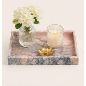 Plateau rectangulaire moderne en marbre rose crème, organisateur de luxe en pierre naturelle pour salle de bain, bijoux et bougies - Product Image 6