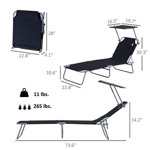 Outdoor <b>Pool</b> Folding <b>Tanning</b> Lounge Chair with Sun Shade Black Olefin Cushion & Aluminum Frame for Poolside Use - Product Image 3
