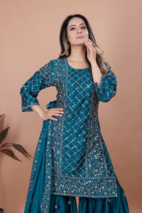 Chinon Silk Sequin <b>Kurti</b> Flowy Sharara Heavy Embroidered Dupatta Stitched Women Three Piece Wedding Salwar Suit Set - Product Image 5