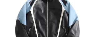 Chaqueta de cuero para hombre, estilo motociclista, con bloques de color, cuello alto, cierre de cremallera frontal, corte regular, estilo biker, para otoño. - Product Image 6