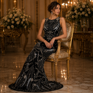 Luxury Black Embroidered Evening Gown| Sleeveless Floor Length Designer <b>Sequin</b> Formal Dress Elegant Party Wear For Women Premium - Product Image 4