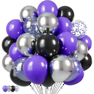 Palloncini Metallizzati Viola, Neri e Argento da 12 Pollici, 65 Pezzi per Feste di Halloween e Compleanni, con 1 Nastro, Palloncini 100% Lattice - Product Image 2