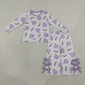GLP3438 Ensemble pour filles avec nœuds chauve-souris et motifs citrouille d'automne, bord festonné violet - Product Image 4