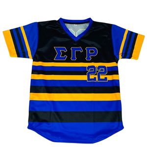 เสื้อเบสบอลลายทางสีดำ Sigma Gamma Rho SGRho 22 สีน้ำเงินทอง เสื้อผ้ากรีกพรีเมียมสำหรับผู้หญิง เสื้อเจอร์ซีย์มีสไตล์ - Product Image 1