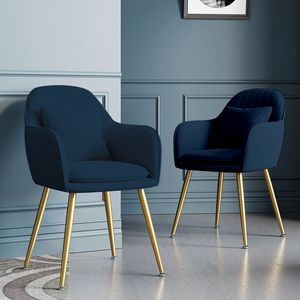 Salotto della metà del secolo in velluto blu con 2 poltrone accentate sedile imbottito e gambe in metallo dorato per gli ospiti del Club di ristorazione - Product Image 1