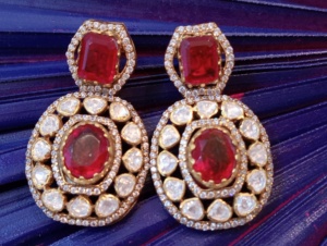 <b>drop</b> and dangle with <b>red</b> doublet and polki stone with gold plated handmade jewelry hoops and huggies party wear jewelry for girl - Product Image 2