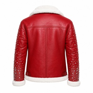 Custom Red Shearling Bomber <b>Jacket</b> with <b>Rhinestone</b> Embellished Sleeves and White Fur Trim Vintage Winter Unisex Front Design - Product Image 2