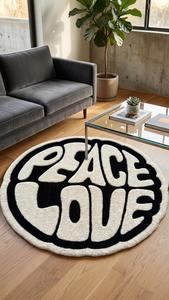 Tapis d'appoint décoratif moderne en laine tuftée à la main, antidérapant, à poils moyens, motif géométrique, noir et blanc, design classique, qualité supérieure, Paix et Amour - Product Image 6