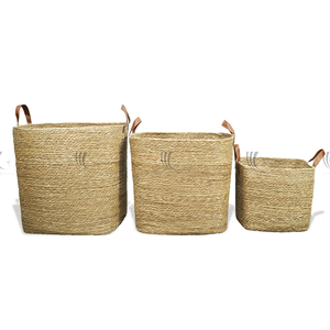 Eco friendly Hand Coiled Seagrass Woven Basket Set with Leather Handles, Durable Natural Woven Storage <b>Hamper</b> for Home Decor - Product Image 2