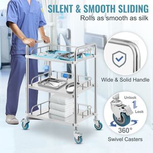 Carrello da Laboratorio con 3 Ripiani in Acciaio Inox, Carrello Mobile per Cliniche e Studi Dentistici, Ruote Girevoli, Carrello di Servizio per Cliniche - Product Image 3