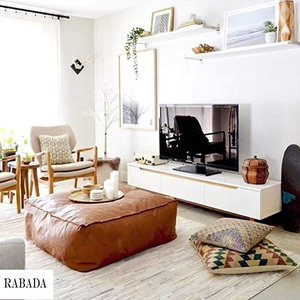 Repose-pieds pouf carré tapissé en cuir marron vieilli pour le salon chambre à coucher - Product Image 2