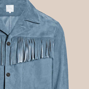 Men's Blue <b>Suede</b> <b>Leather</b> <b>Jacket</b> With Fringe Tassel Western Style Casual Outerwear Turn-down Collar Regular Fit Winter Wear - Product Image 6