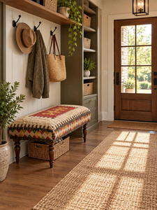 Boho Kilim Handwoven <b>Wool</b> Jute Bench Rustic <b>Wooden</b> Entryway Seating Upholstered Farmhouse Hallway Furniture Vintage Accent Seat - Product Image 3