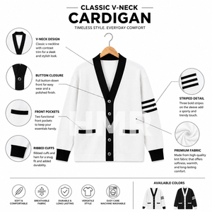 Cardigan en tricot blanc pour femmes HMR avec bordure noire, col en V, manches longues, style preppy, boutons sur le devant, en acrylique - Product Image 6