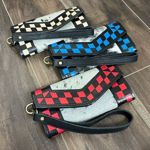 Nuevo Bolso de Mano Tipo Clutch de Cuero Vacuno Auténtico con Diseño a Cuadros Azul y Blanco, Cartera Larga con Tarjetero para Mujer - Product Image 5
