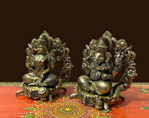 Ensemble de statues artisanales en laiton de Lakshmi et Ganesh, idole de dieu hindou, décoration religieuse pour la maison - Product Image 2