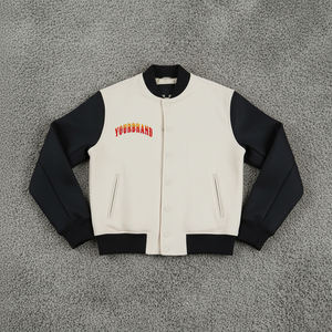 Top Trending <b>Men's</b> <b>Cream</b> Varsity <b>Jacket</b> Navy Sleeves Embroidered Logo Front Button Closure Regular Fit Autumn Wear Casual Style - Product Image 4