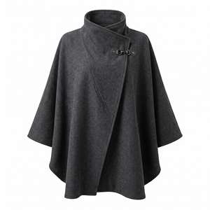 Women's Herringbone Trench <b>Poncho</b> Winter Cape Wrap Asymmetric Buckle Closure Four Seasons Outerwear - Product Image 1