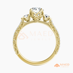 แหวนหมั้นทองคำ 14K/18K ทรงกลมประดับเพชรสามเม็ด พร้อมลายมิลเกรนและเพชรพาเว่ |   แหวนแต่งงานวินเทจสุดหรู - Product Image 6