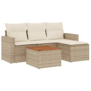 Ensemble de canapés de jardin en polyrotin beige avec coussins crème et bois d'acacia brun, mobilier d'extérieur haut de gamme - Product Image 2