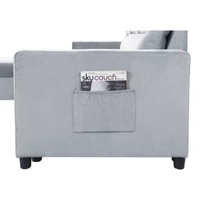 Divano Sezionale Reversibile Ruby in Velluto Grigio Chiaro da 207 cm con Chaise Longue Contenitore e Tasca Laterale - Product Image 5